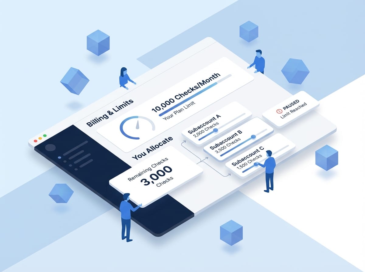 Isometric illustration showing billing allocation interface with usage meters and subaccount distribution controls