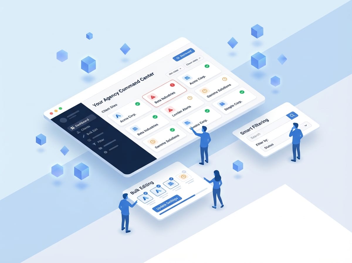 Isometric illustration of centralized multi-site management dashboard with floating UI cards and blue geometric shapes