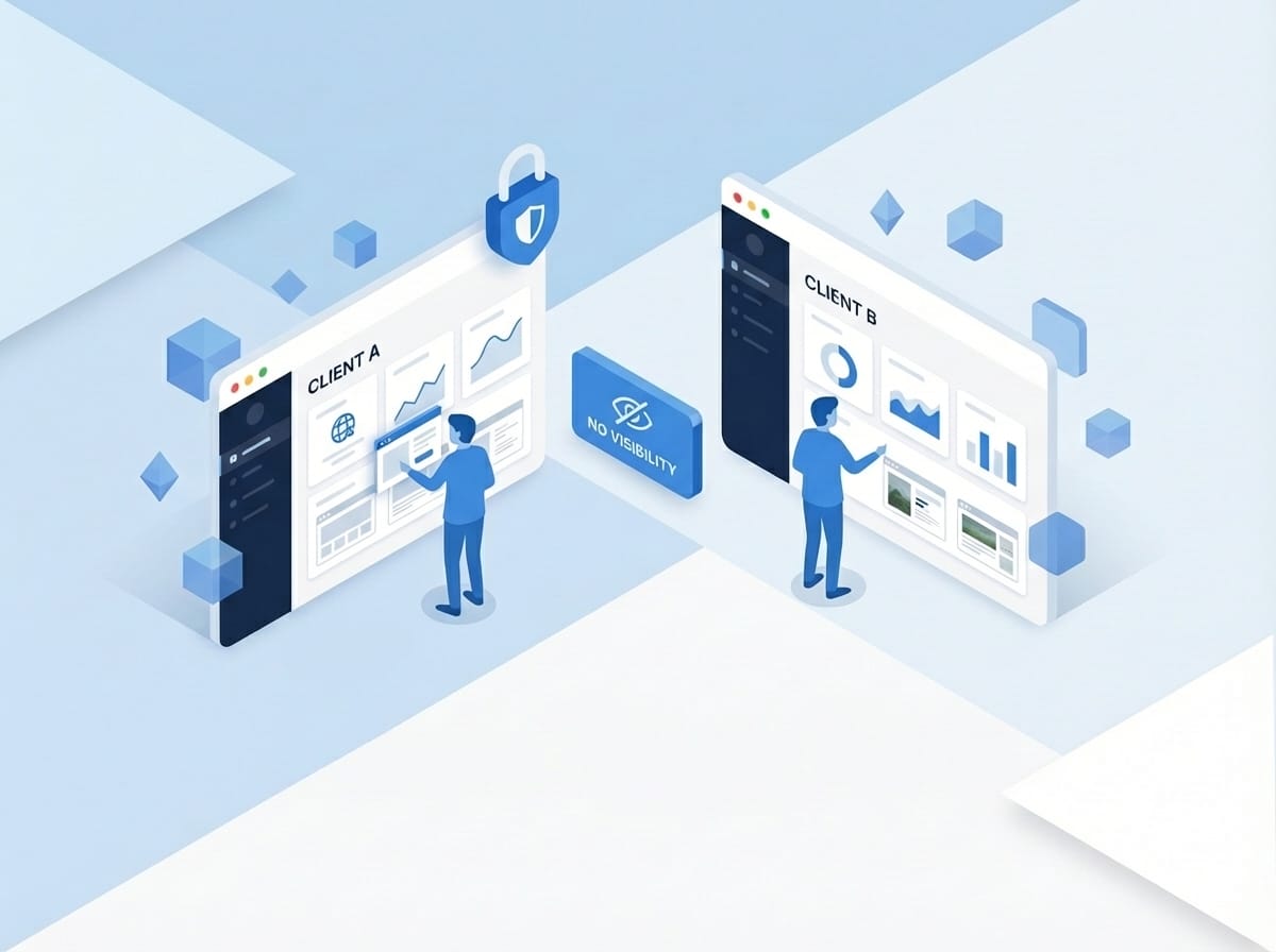 Clean dashboard interface showing agency subaccount management panel with usage metrics and client overview window