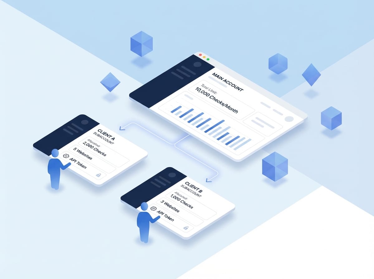 Isometric illustration showing hierarchical account structure with main account distributing resources to multiple client subaccounts
