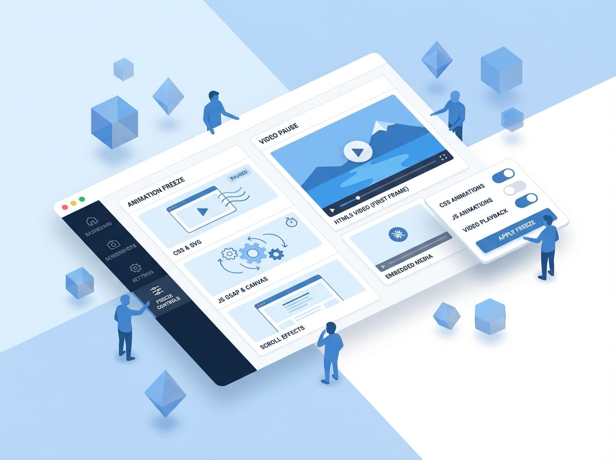 Isometric 3D illustration showing faceless blue figures freezing CSS animations and pausing video playback on floating UI cards