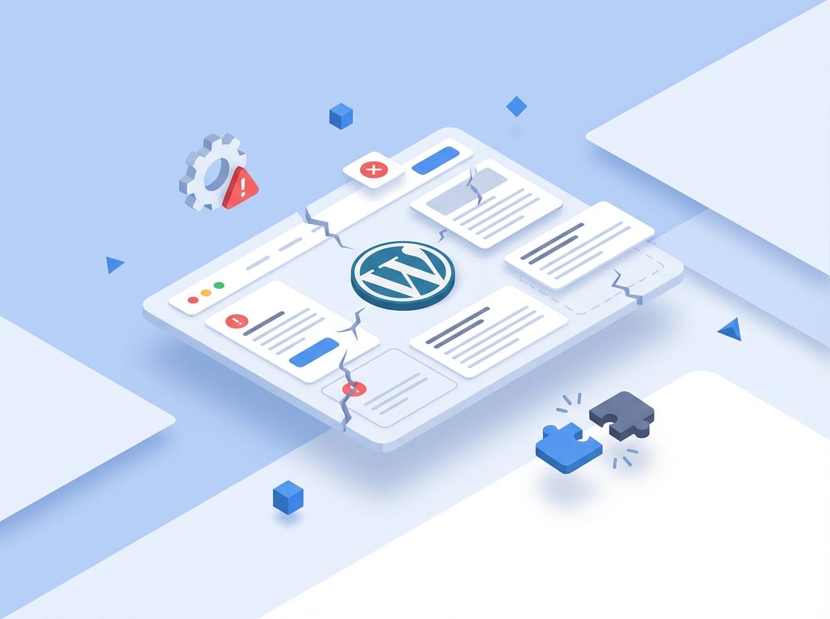 Isometric 3D illustration showing a cracked WordPress interface with red error icons, warning gears, and disconnected puzzle pieces representing a site crash.