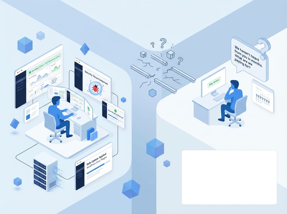 Isometric illustration showing disconnect between agency work and client perception with floating UI cards