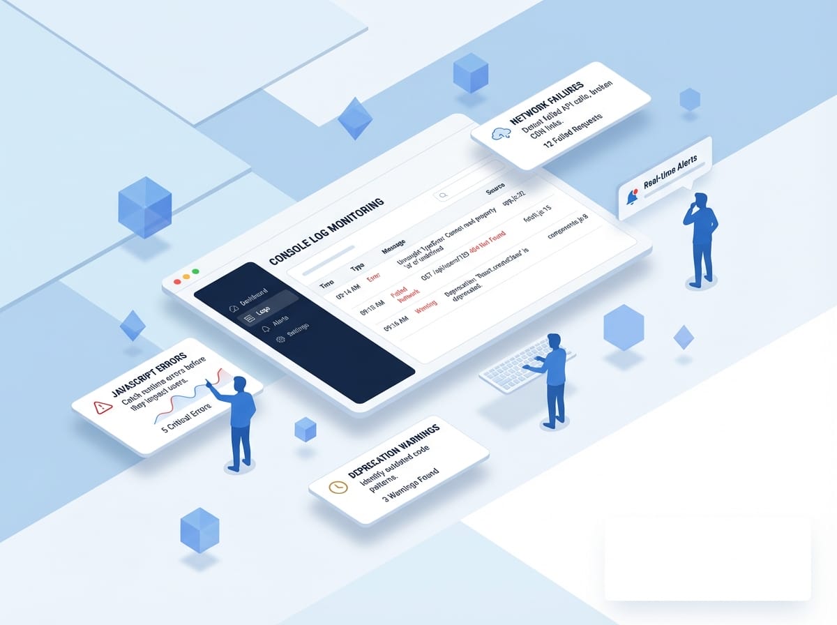 Isometric 3D illustration showing faceless blue figures analyzing browser console logs with error alerts and network monitoring UI cards