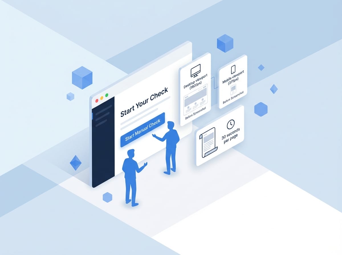 Isometric illustration showing before and after screenshot comparison with desktop and mobile viewport captures for manual QA testing