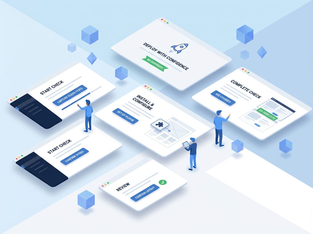 Isometric illustration showing faceless blue figures testing website plugin installation with before and after UI cards