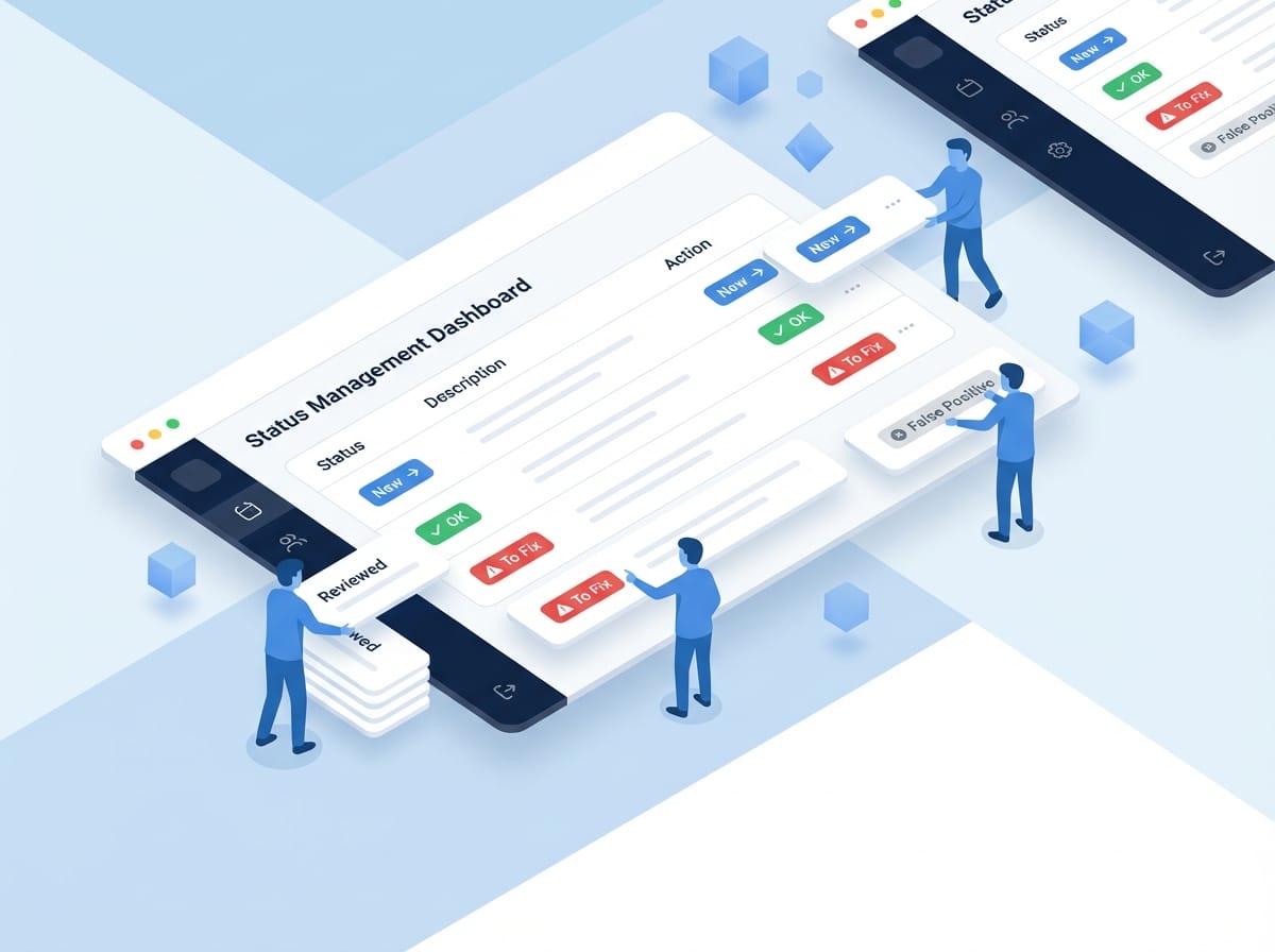 Isometric 3D illustration showing faceless blue figures managing website change statuses with UI cards displaying review workflow options