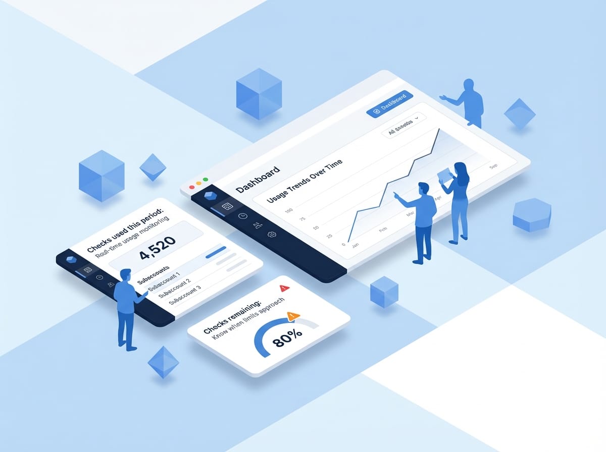 Isometric illustration showing usage analytics dashboard with stylized blue figures monitoring client allocation metrics and trends