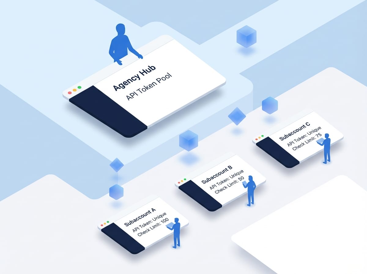 Isometric illustration showing separate client accounts with API tokens and isolated workspaces for agency management