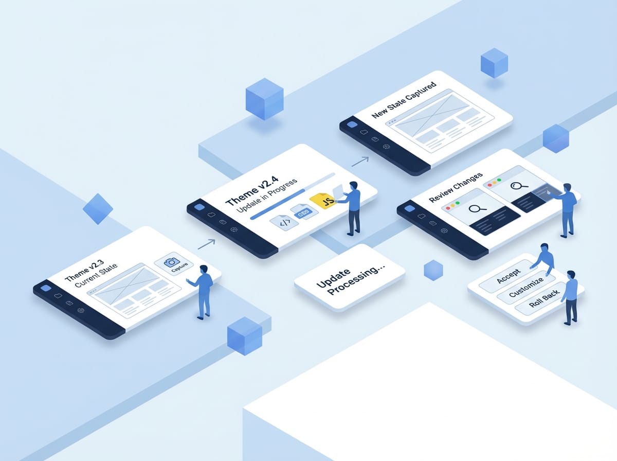 Isometric 3D illustration showing faceless blue figures reviewing website theme changes on floating UI cards with before and after comparison screens