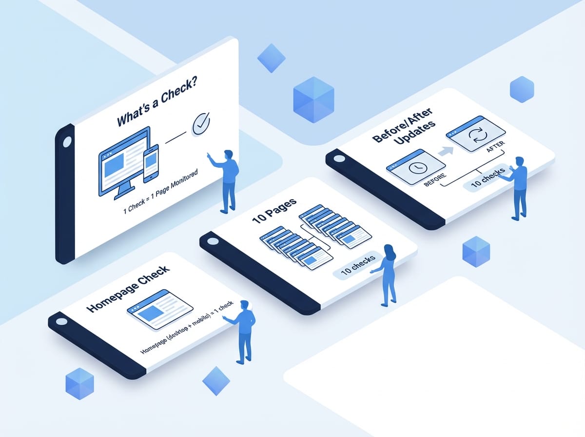 Isometric illustration showing how page checks work with desktop and mobile devices counting as single checks