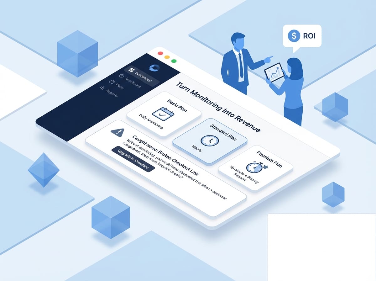 Isometric 3D illustration showing faceless blue figures reviewing monitoring dashboard cards with floating geometric shapes