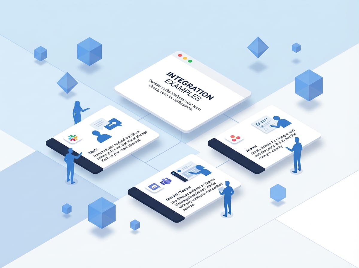 Isometric 3D illustration showing faceless blue figures connecting webhook notifications to Slack, Asana, and Discord platforms