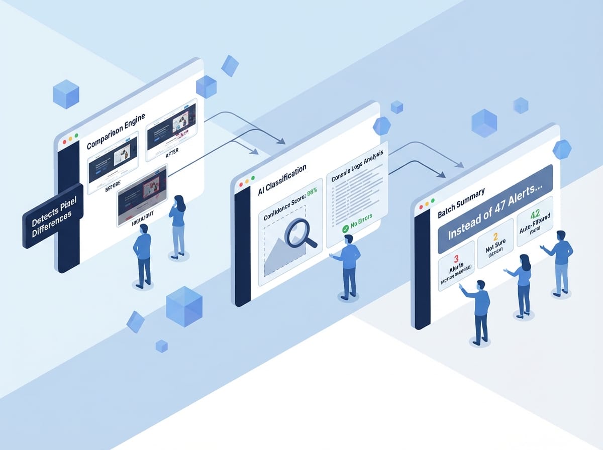 Isometric 3D illustration showing AI filtering visual alerts from 47 to 3 with floating geometric shapes