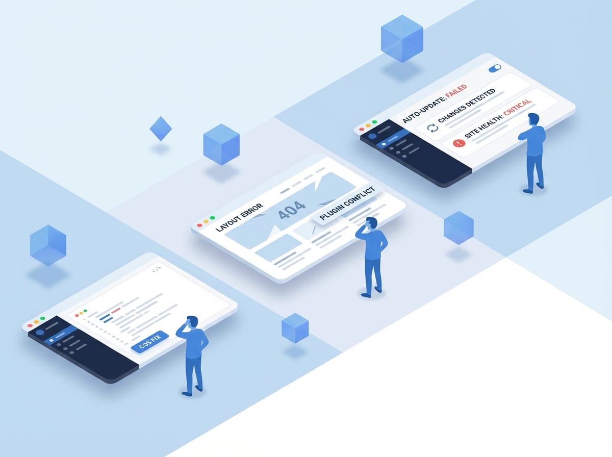 Isometric illustration showing automated website change detection with blue figures monitoring UI screens and floating geometric elements
