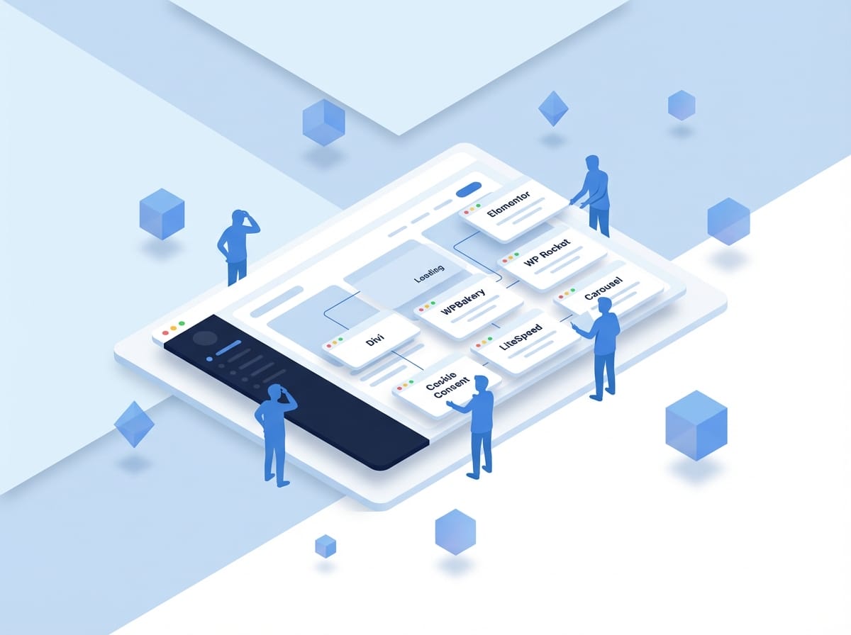 Isometric illustration showing stylized figures navigating complex WordPress website elements including UI cards and floating geometric shapes
