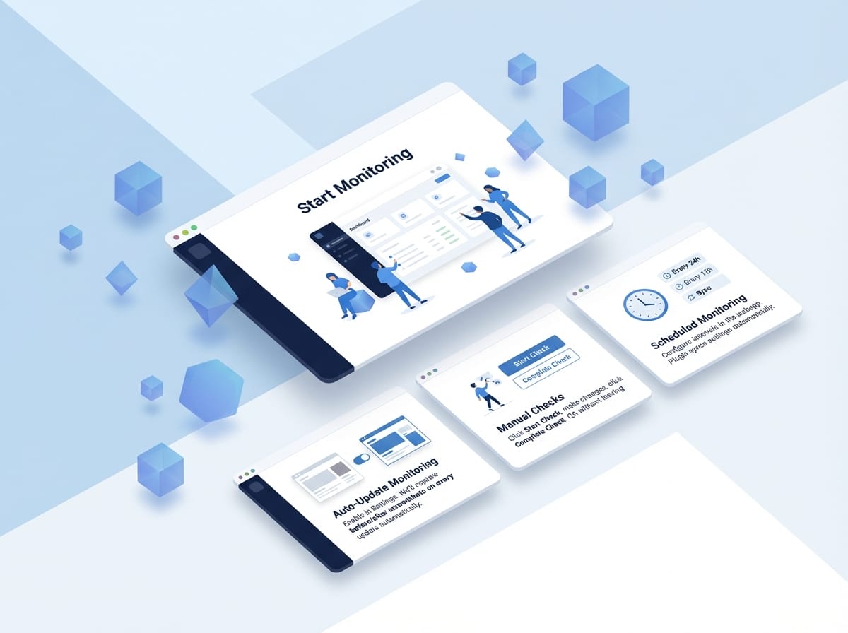 Isometric illustration of WordPress plugin monitoring interface with blue silhouette figures and floating UI cards