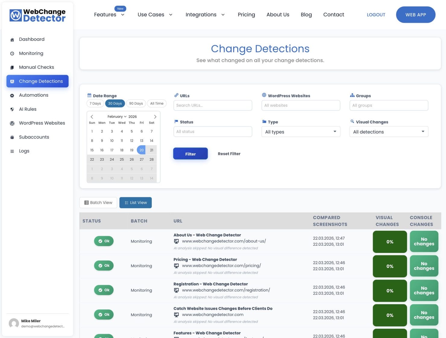 Change Detections Dashboard in List View