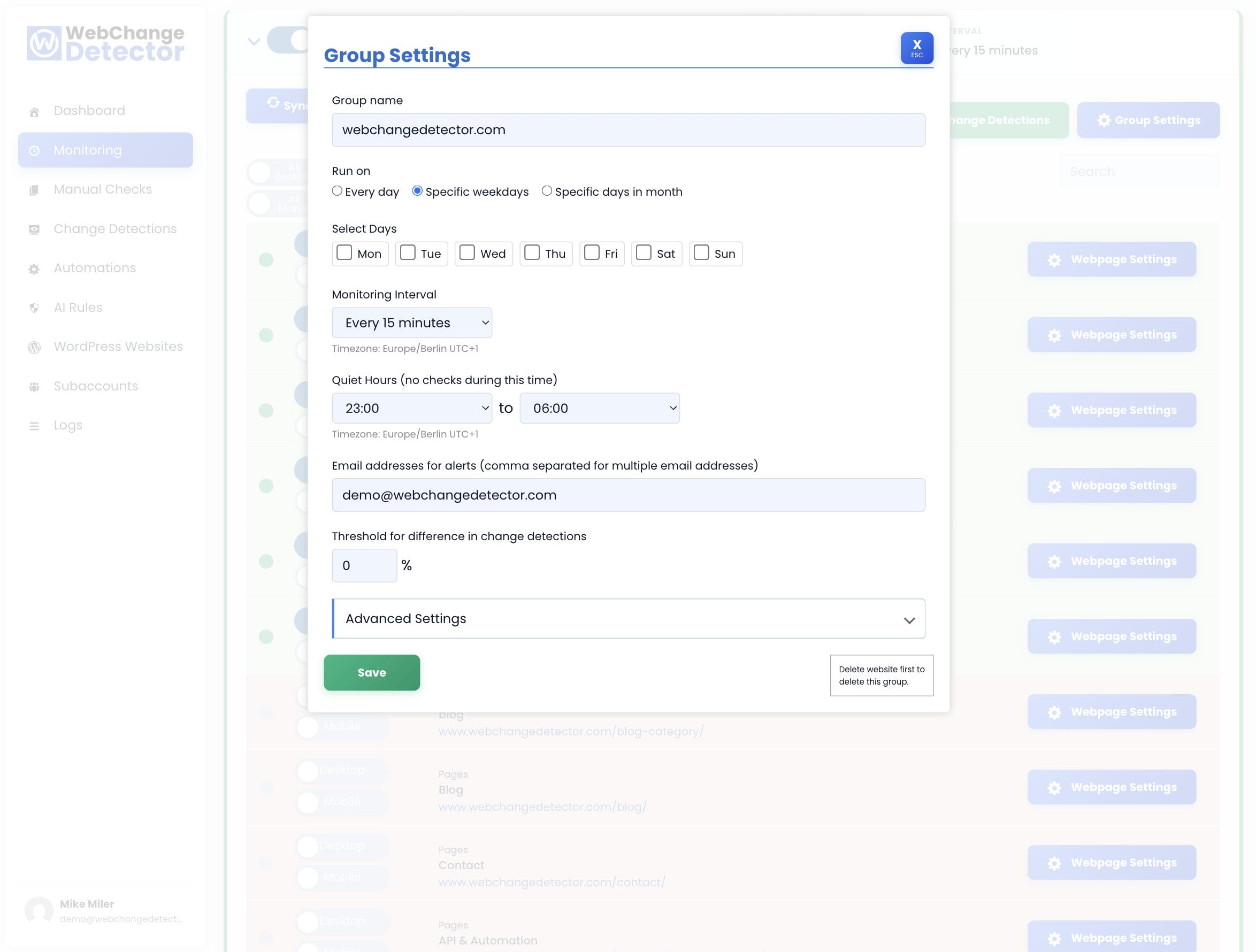 Webapp Monitoring Group Settings
